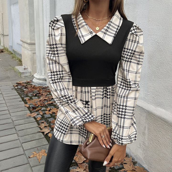 Dame Stilig Bluse med Puffærmer og Ternet Mønster Stilla