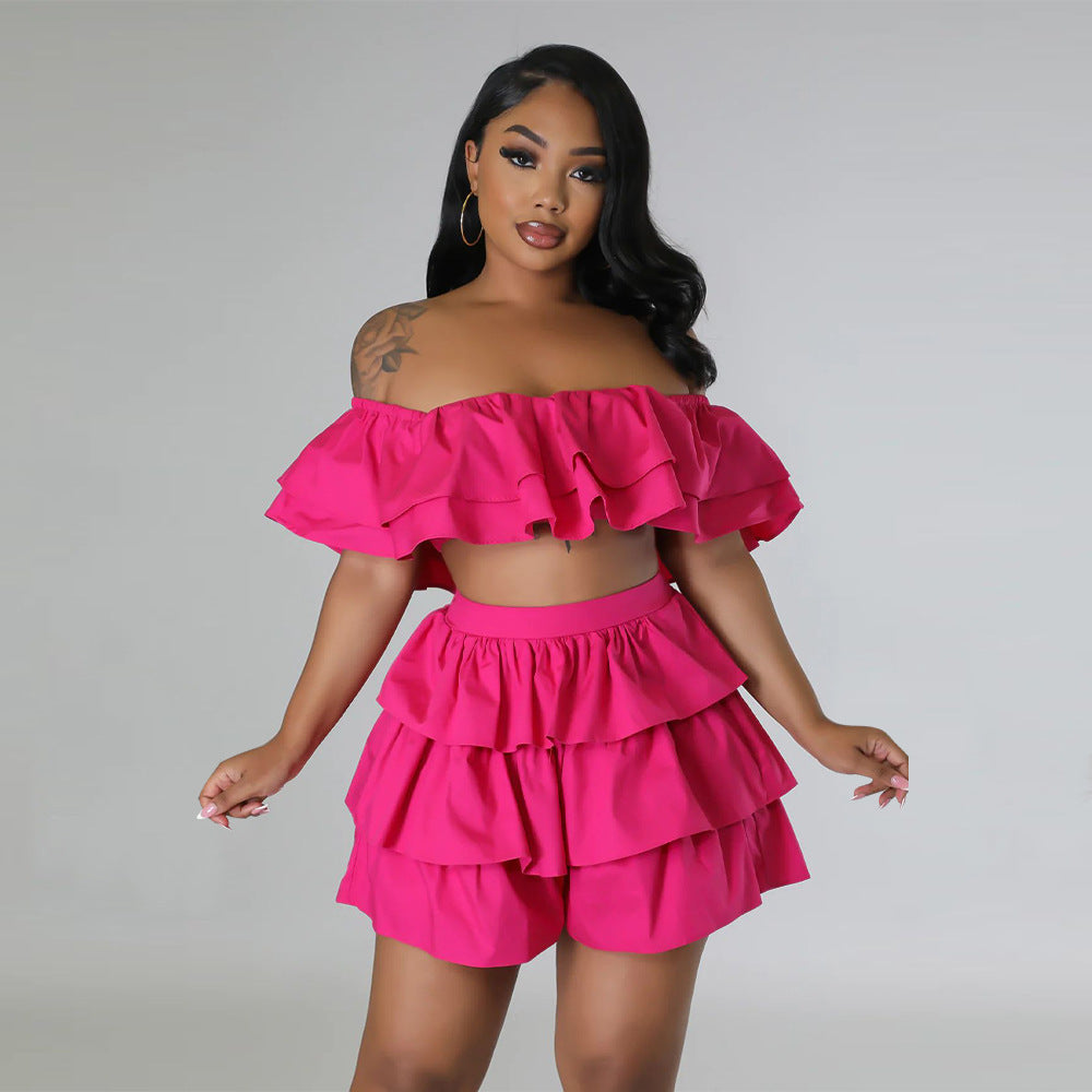 Dame Off-Shoulder Ruffle sæt med lagdelt nederdel og shorts Stilla