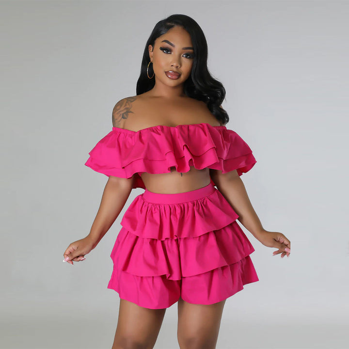 Dame Off-Shoulder Ruffle sæt med lagdelt nederdel og shorts Stilla