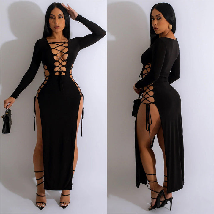 Dame Elegante Langærmet Maxi Kjole med forførende Cut-Outs og sidelæg Stilla