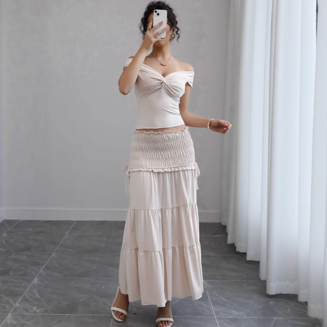 Dame Off-Shoulder Cut-Out Overdel og lagdelt Maxikjole Sæt Stilla