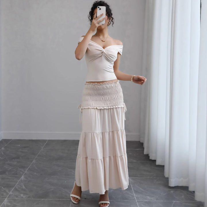 Dame Off-Shoulder Cut-Out Overdel og lagdelt Maxikjole Sæt Stilla