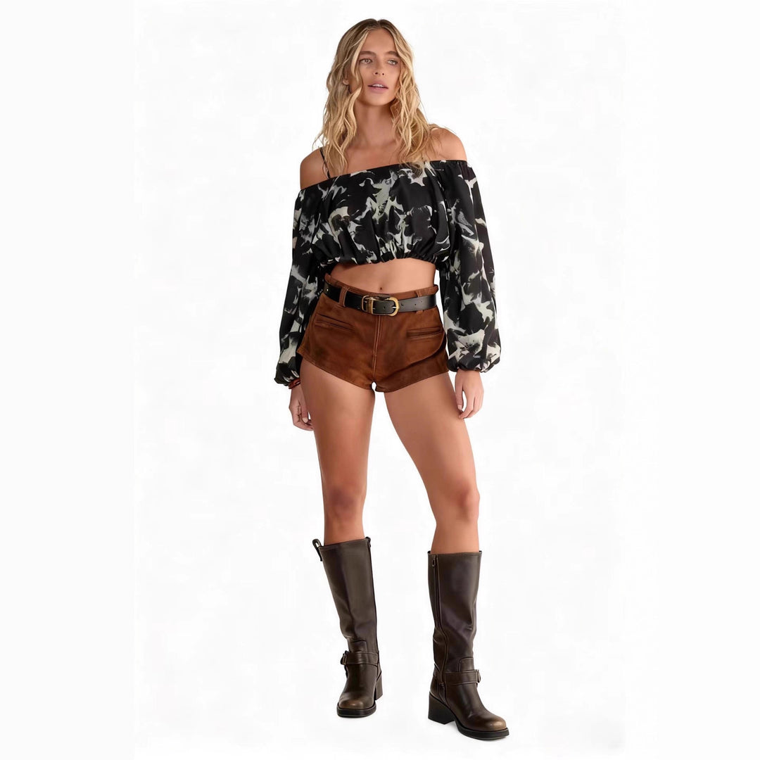 Dame trendy skulderfri bluse med voluminøse ærmer og elegante detaljer Skovae