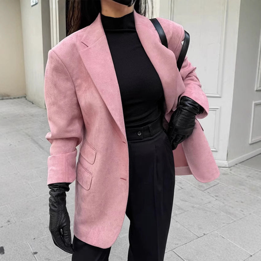 Dame Oversized Blazer i elegant suede-look med dyb revers og praktiske lommer Stilla