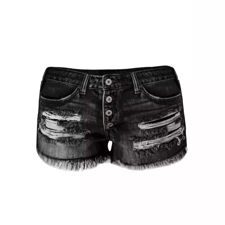 Dame afslappede Destroyed Denim Shorts med knapdetaljer og frynset kant Skovae