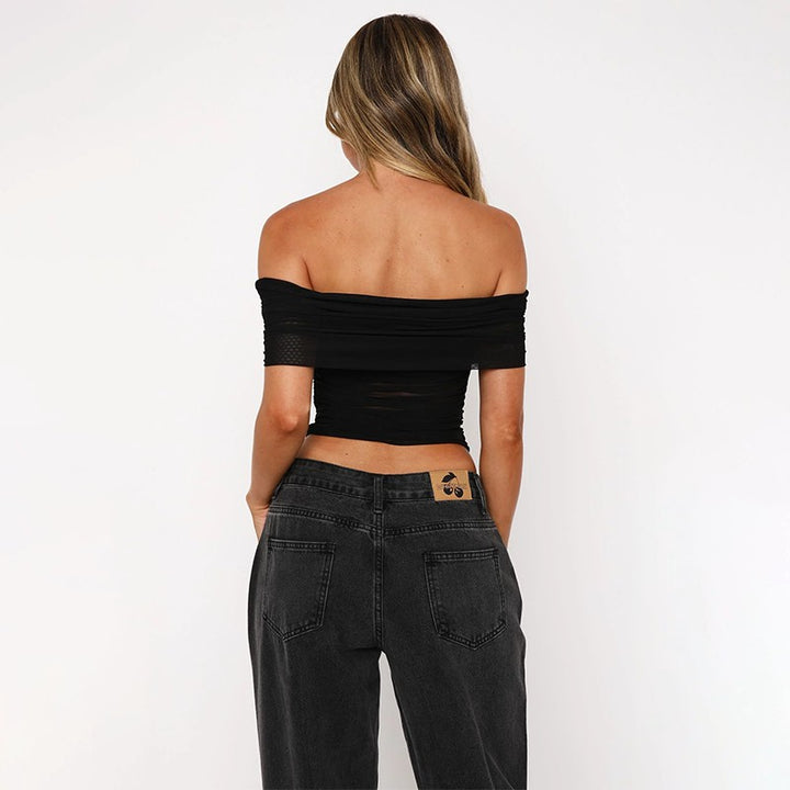 Dame off-shoulder top med wrap-design og flæsedetaljer Skovae