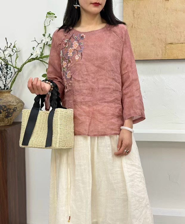 Dame broderet linned blouse med trekvartærmer Stilla