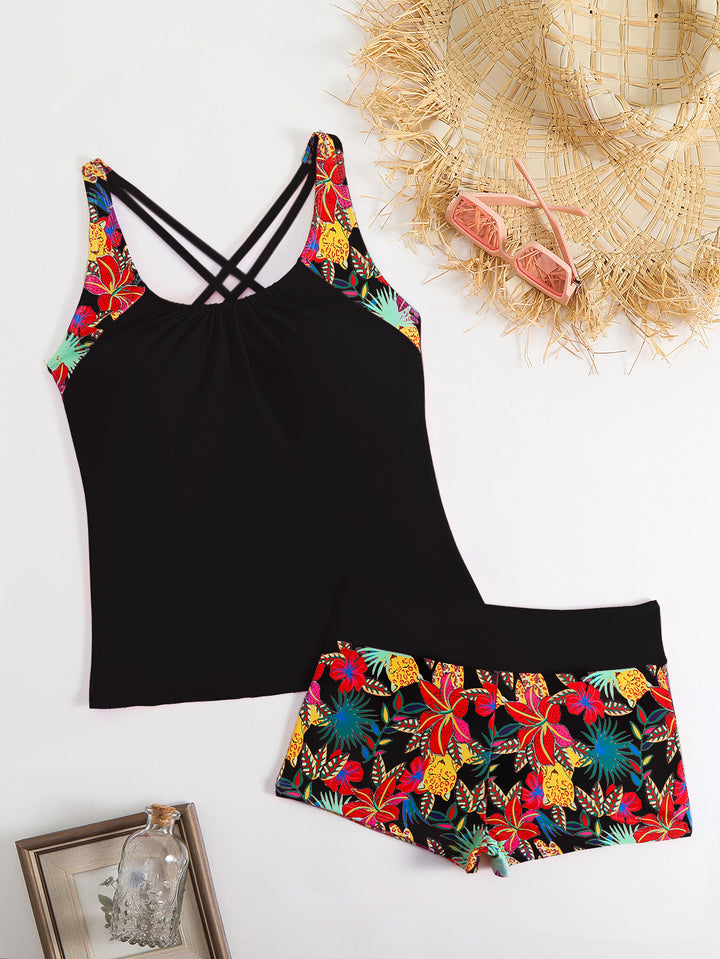 Dame Tankini-sæt med sporty snit og blomsterdesign Skovae