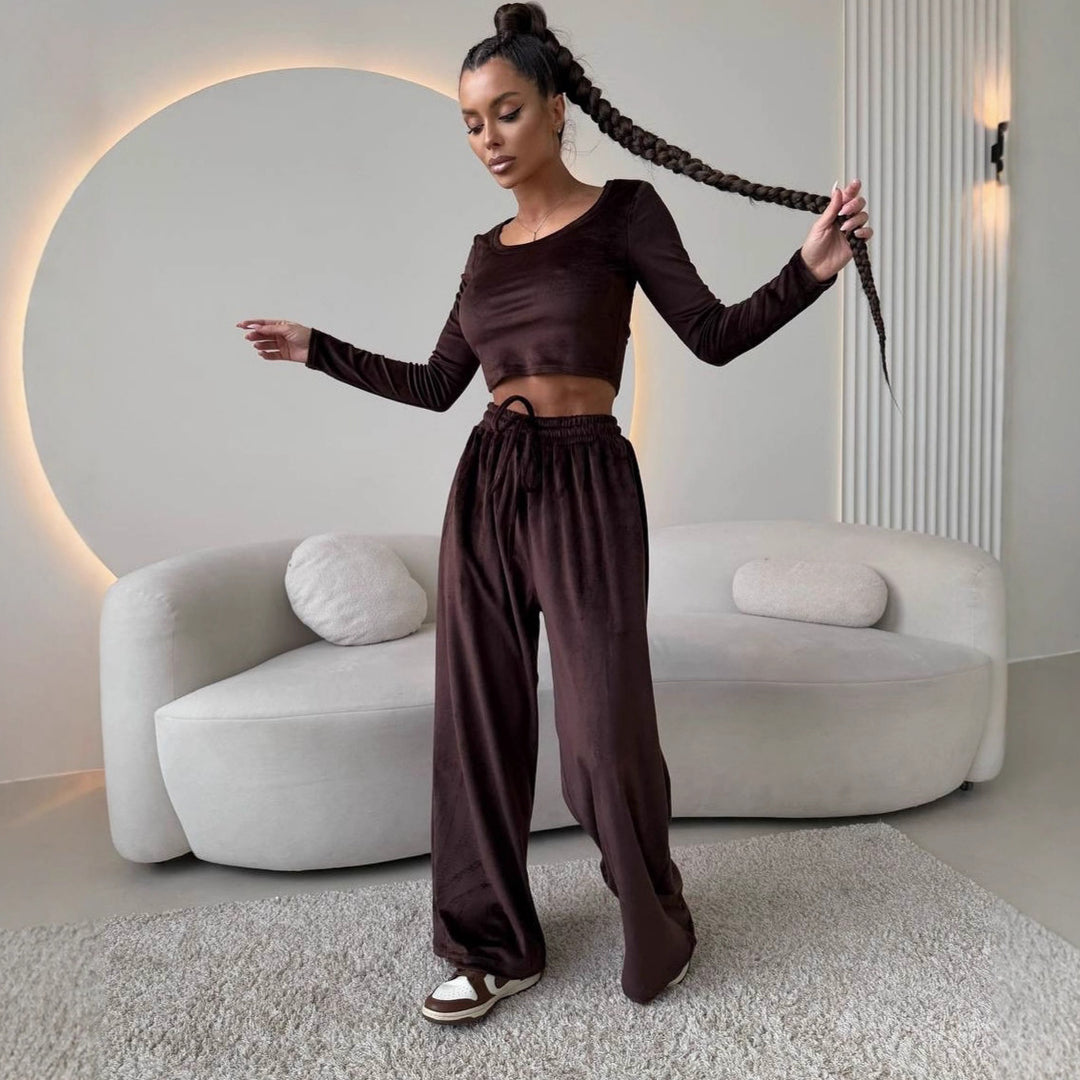 Kvinder Elegant og Komfortabel Lounge Sæt med Crop Top og Bred Ben Bukser Skovae