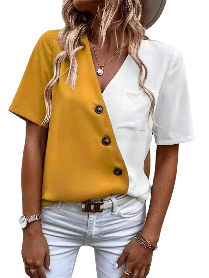 Dame asymmetrisk Button-Up top med kontraststoffer og brystlomme Stilla