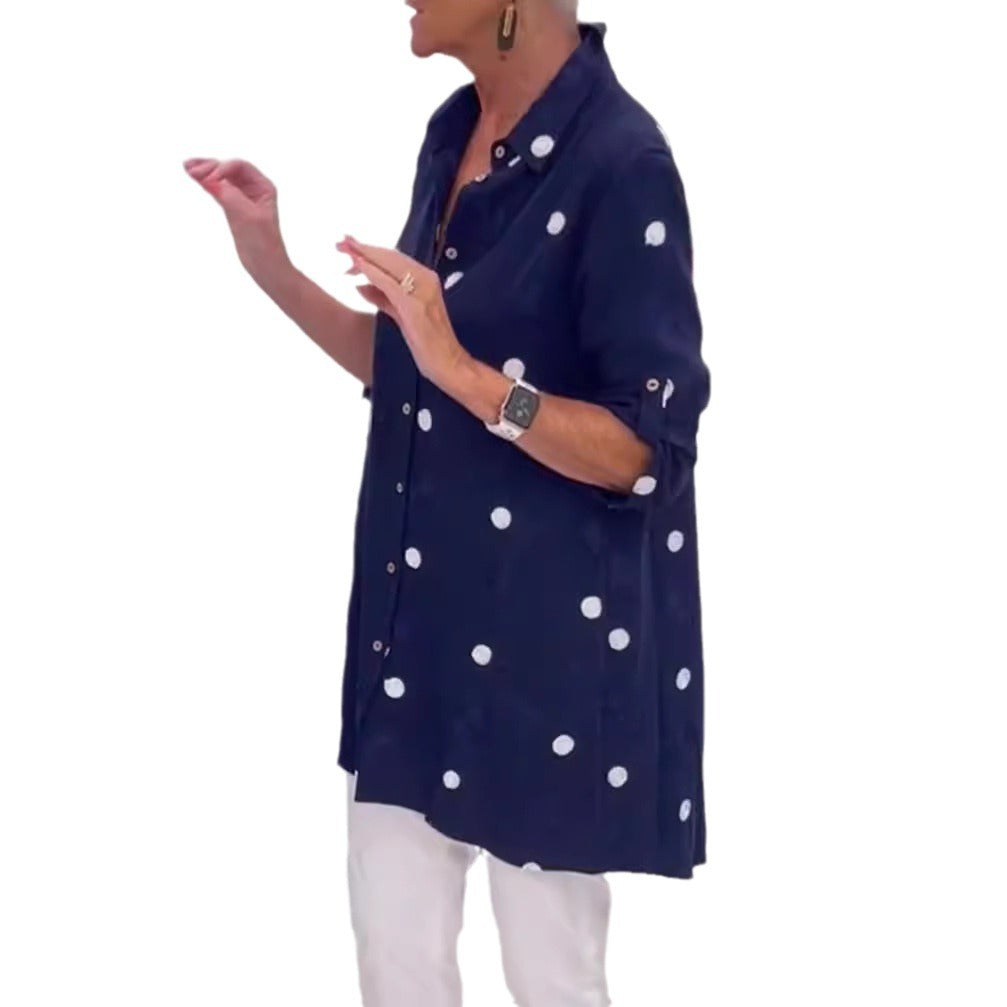 Dame Langærmet Bluse med fashionable Polka-Dots mønster og elegant Krave Stilla