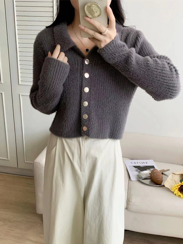Dame Stilfuld Kort Cardigan med Knap Detaljer og V-Hals Stilla