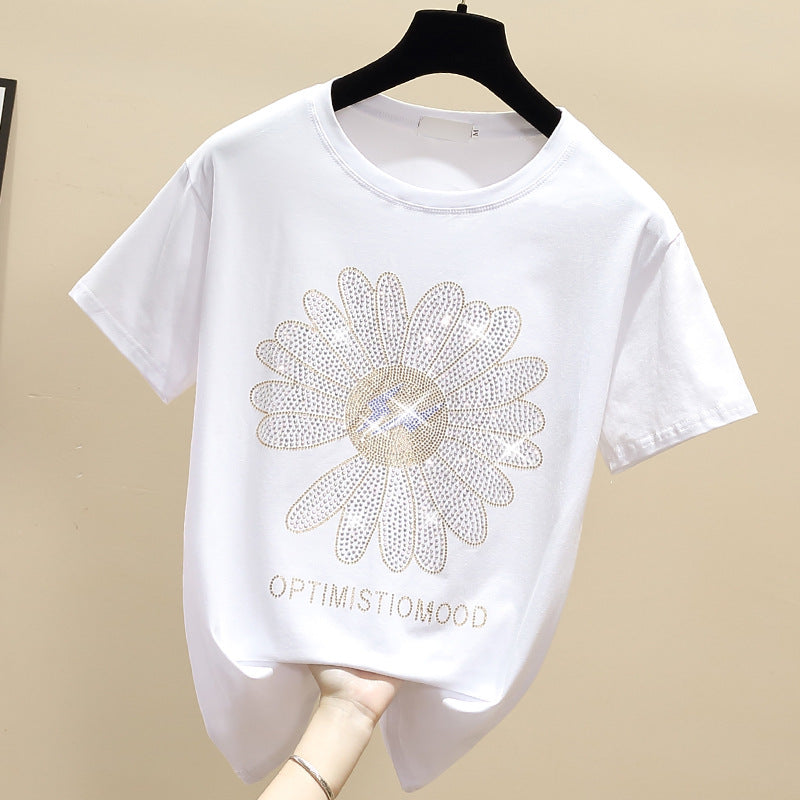 Dame T-Shirt med glitrende blomstermotiv og positiv besked Stilla