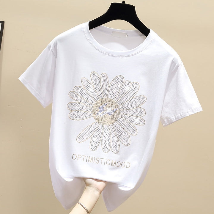 Dame T-Shirt med glitrende blomstermotiv og positiv besked Stilla
