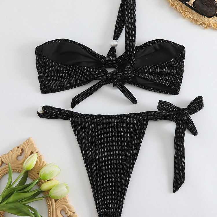 Dame Bandeau-Bikini-sæt med skinnende detalje og legesyge slips Stilla