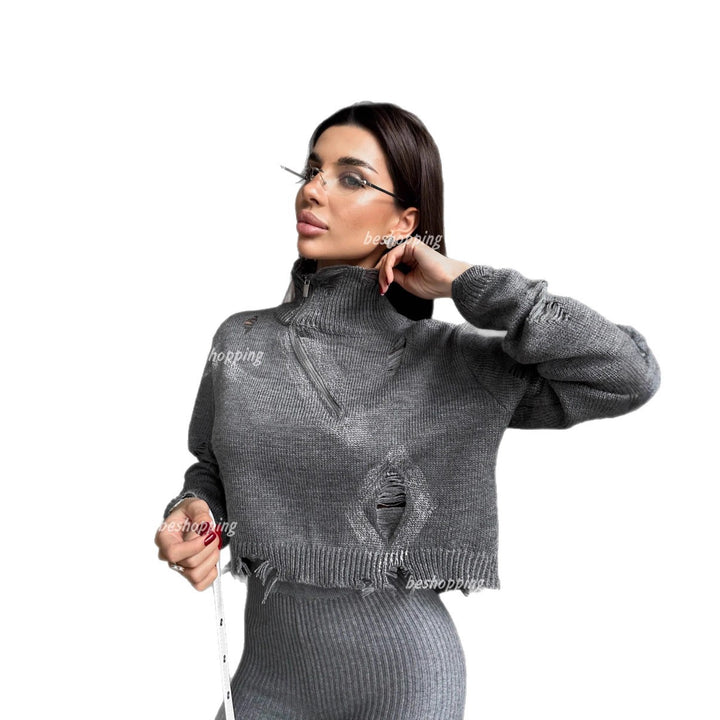 Kvinders cropped sweater med lynlås og frynse detaljer Stilla