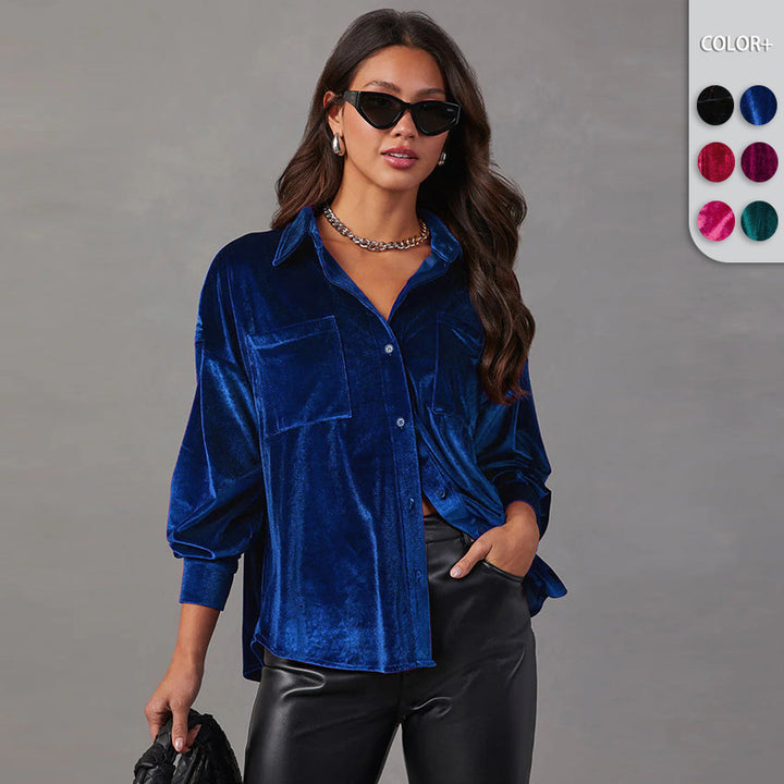 Dame elegant veloursbluse med klassiske lommer og fashionable detaljer Stilla