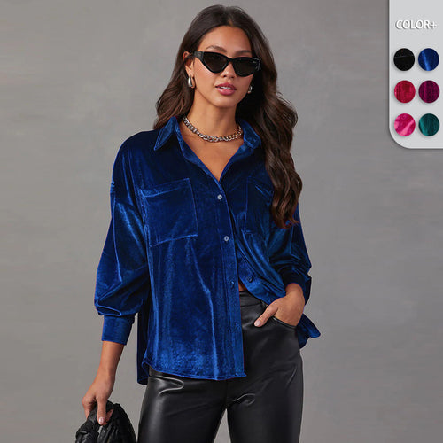 Dame elegant veloursbluse med klassiske lommer og fashionable detaljer Stilla