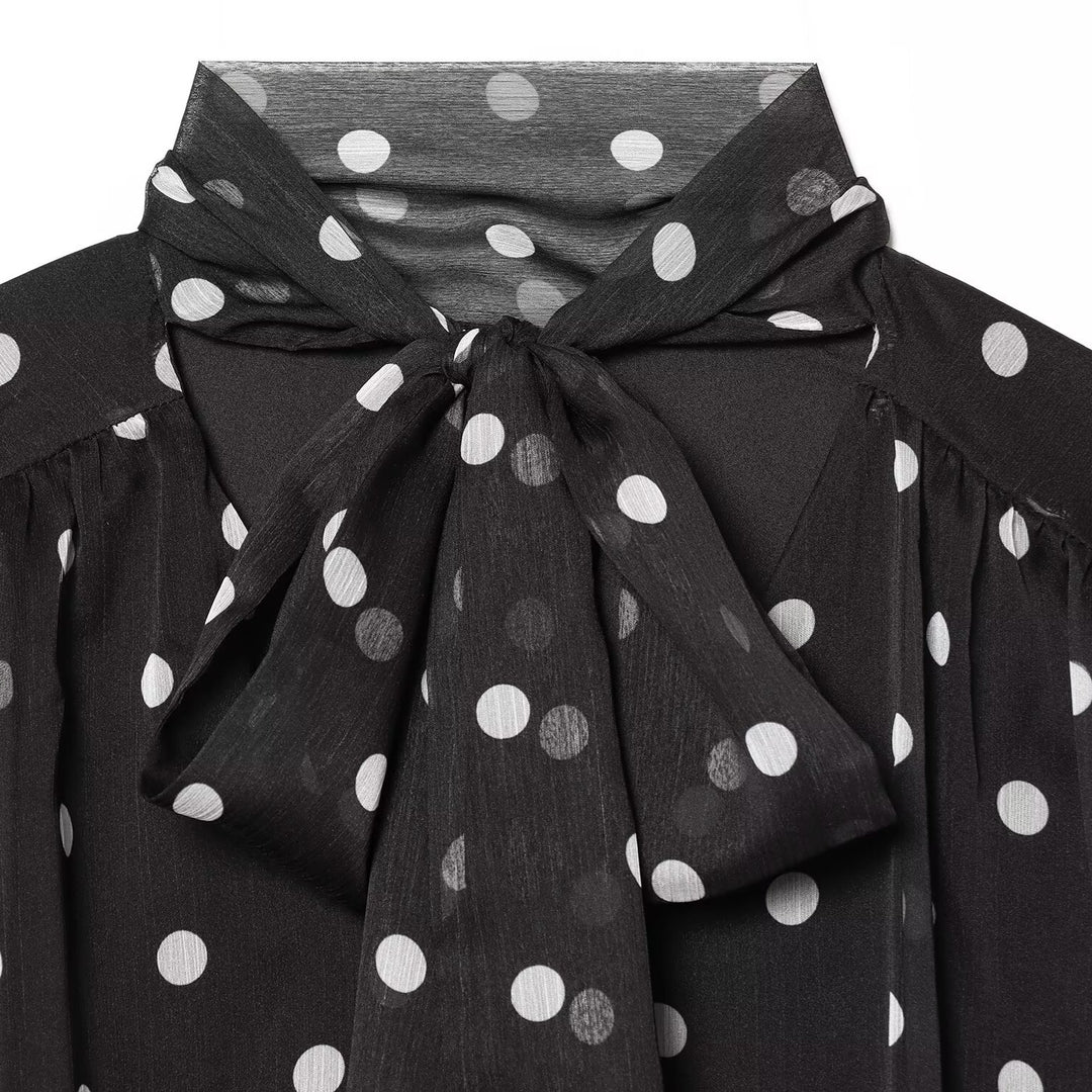 Dame transparent bluse med sløjfe krave i polka-dot design Skovae
