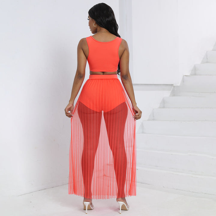 Dame loungewear-sæt med gennemsigtig maxi-nederdel og matchende top Stilla