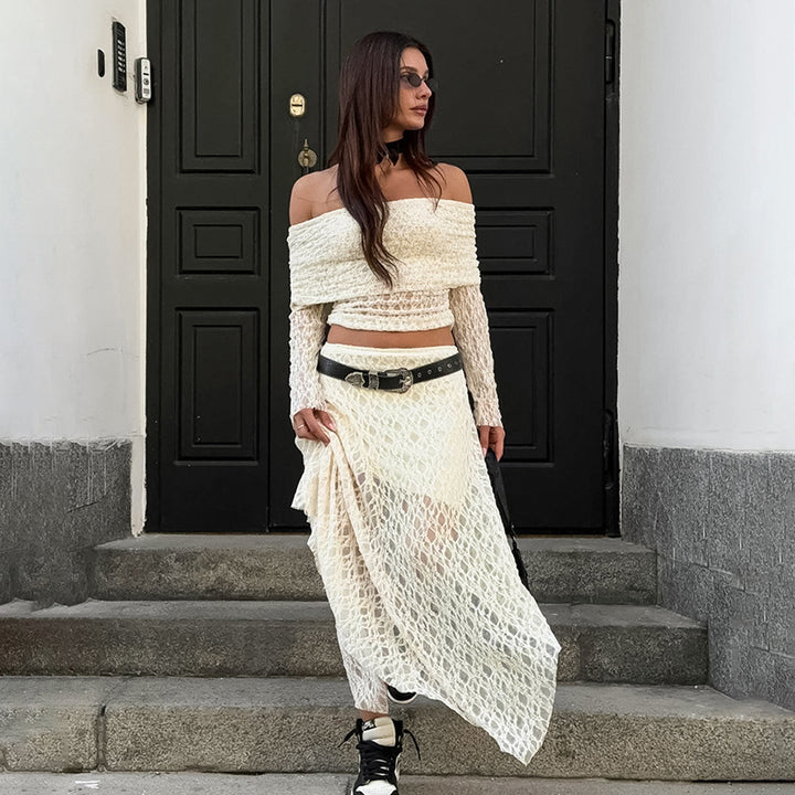 Dame strikket crop-top og maxi-nederdel sæt med gennemsigtigt design Stilla