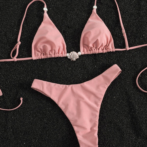Dame triangel-bikini med musling-applikation og høj udskæring Skovae