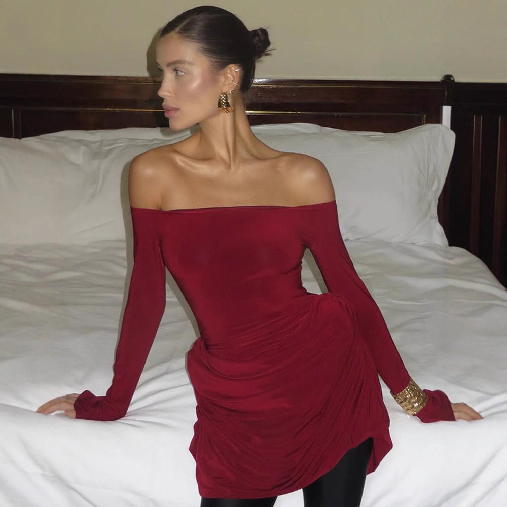 Dame off-shoulder minikjole i elastisk jersey med raffinerede flæsedetaljer Stilla