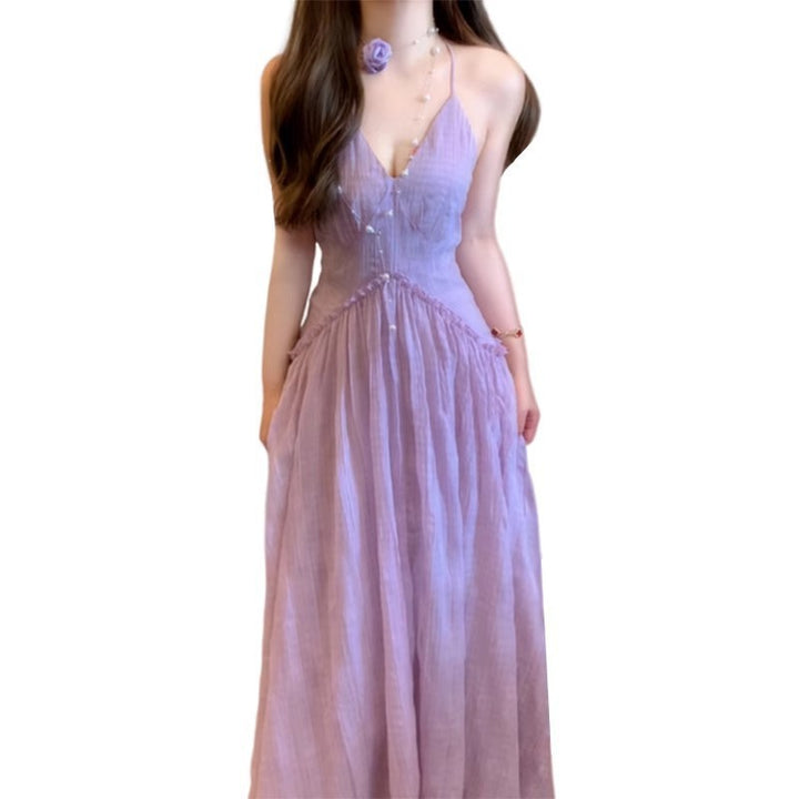 Dame Halter-Neck Maxi-Kjole med Knapdekorationer Stilla