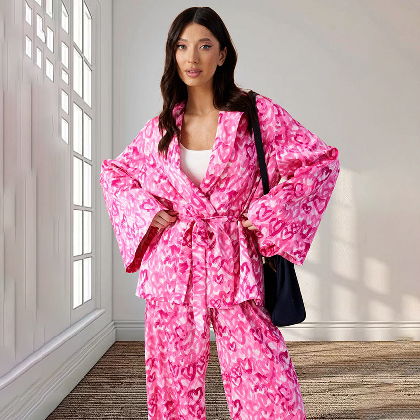 Damer luksuriøst Kimono Lounge-Sæt med hjerteinspirerede mønstre og brede ærmer Stilla