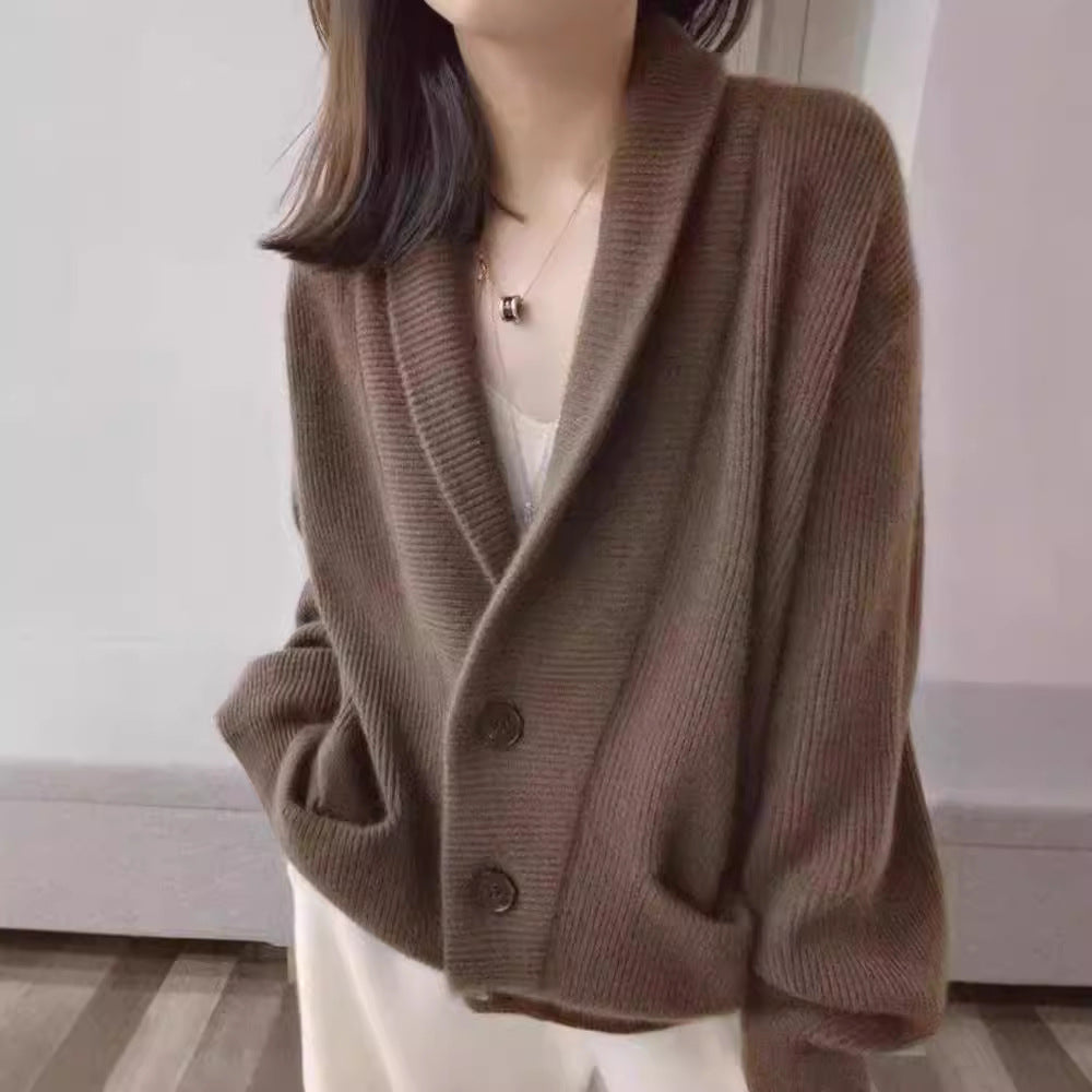 Damer Cozy Strik Cardigan med Brede Klapper og Lommer