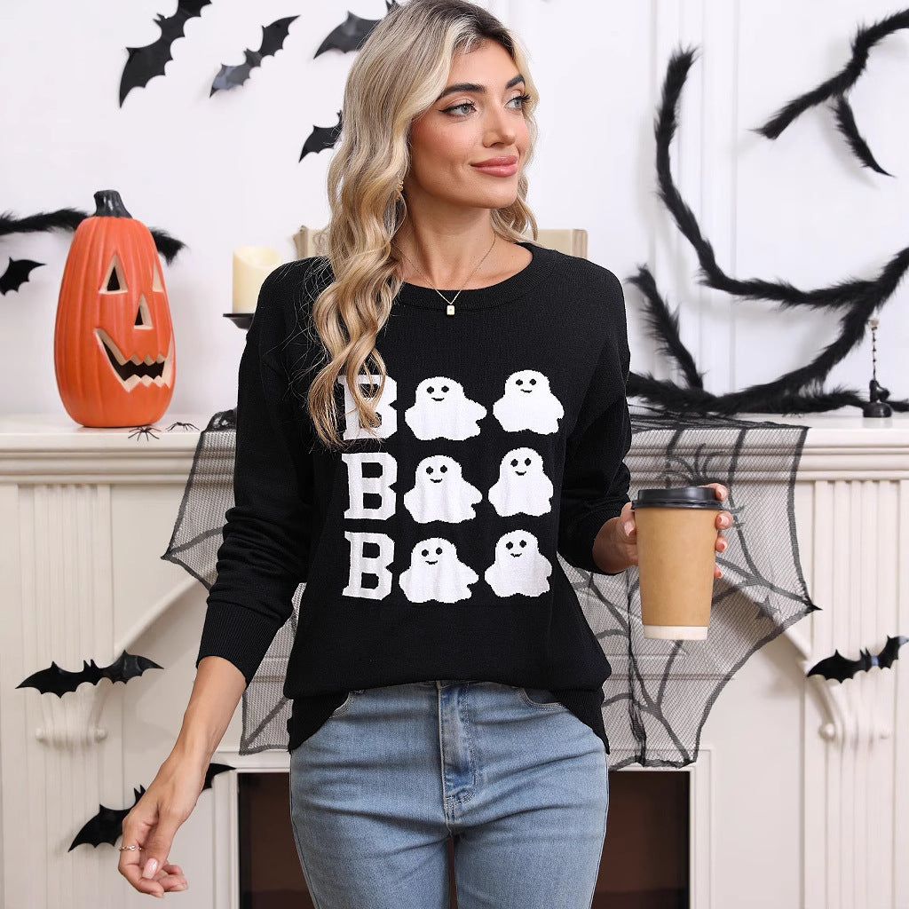 Kvindernes Strikkede Halloween Sweater med Geist Motiv og Løs Fit Stilla