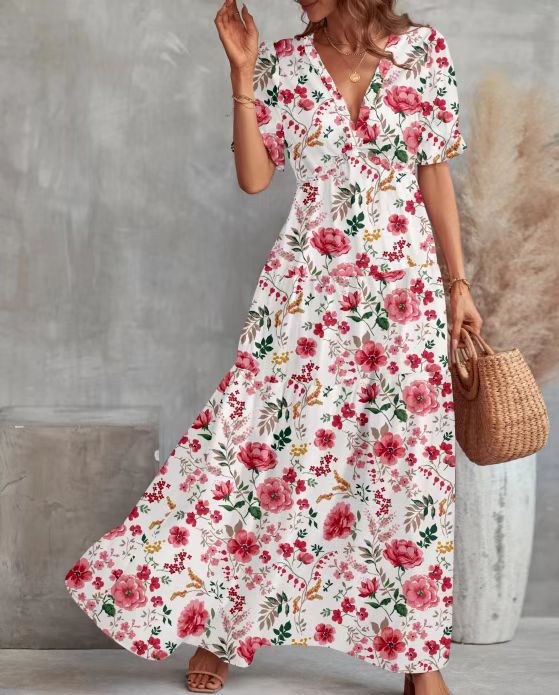 Dame Maxikjole med legende floralt design og elegant V-udskæring Stilla
