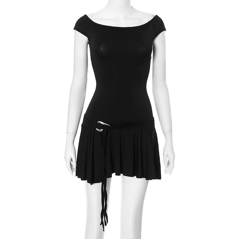Dame Off-Shoulder Flared Hem Mini Kjole med justerbart bælte Stilla