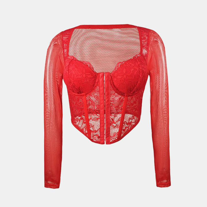 Dame spids-corsage-overdel med transparente ærmer og dekorativ snøring Stilla