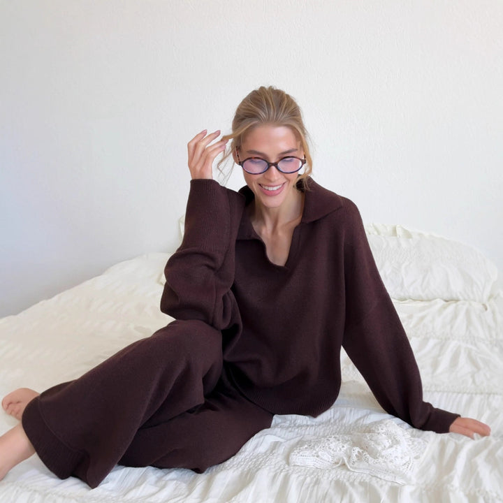 Kvinder casual strikket sæt med løs pasform og elegant V-hals Stilla
