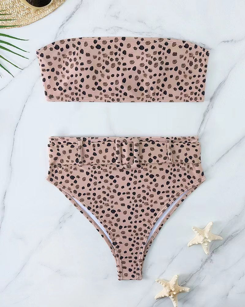 Dame Bandeau-bikini-sæt med højtaljet buks og trendy bælte detalje Skovae