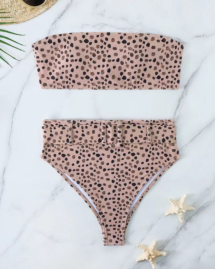 Dame Bandeau-bikini-sæt med højtaljet buks og trendy bælte detalje Skovae