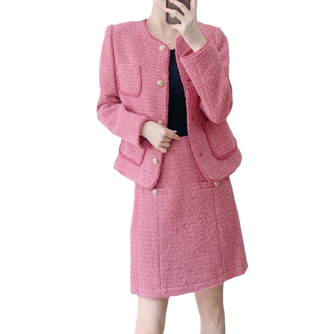 Dame Tweed-Blazer-Nederdel-Sæt med gyldne knapdetaljer og påsyede lommer Stilla
