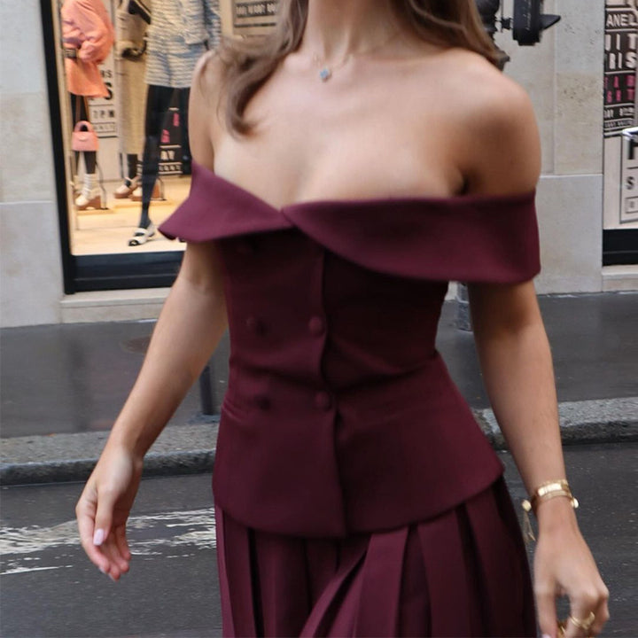 Dame Off-Shoulder Minikjole med samlet liv og elegant knaplukning Stilla