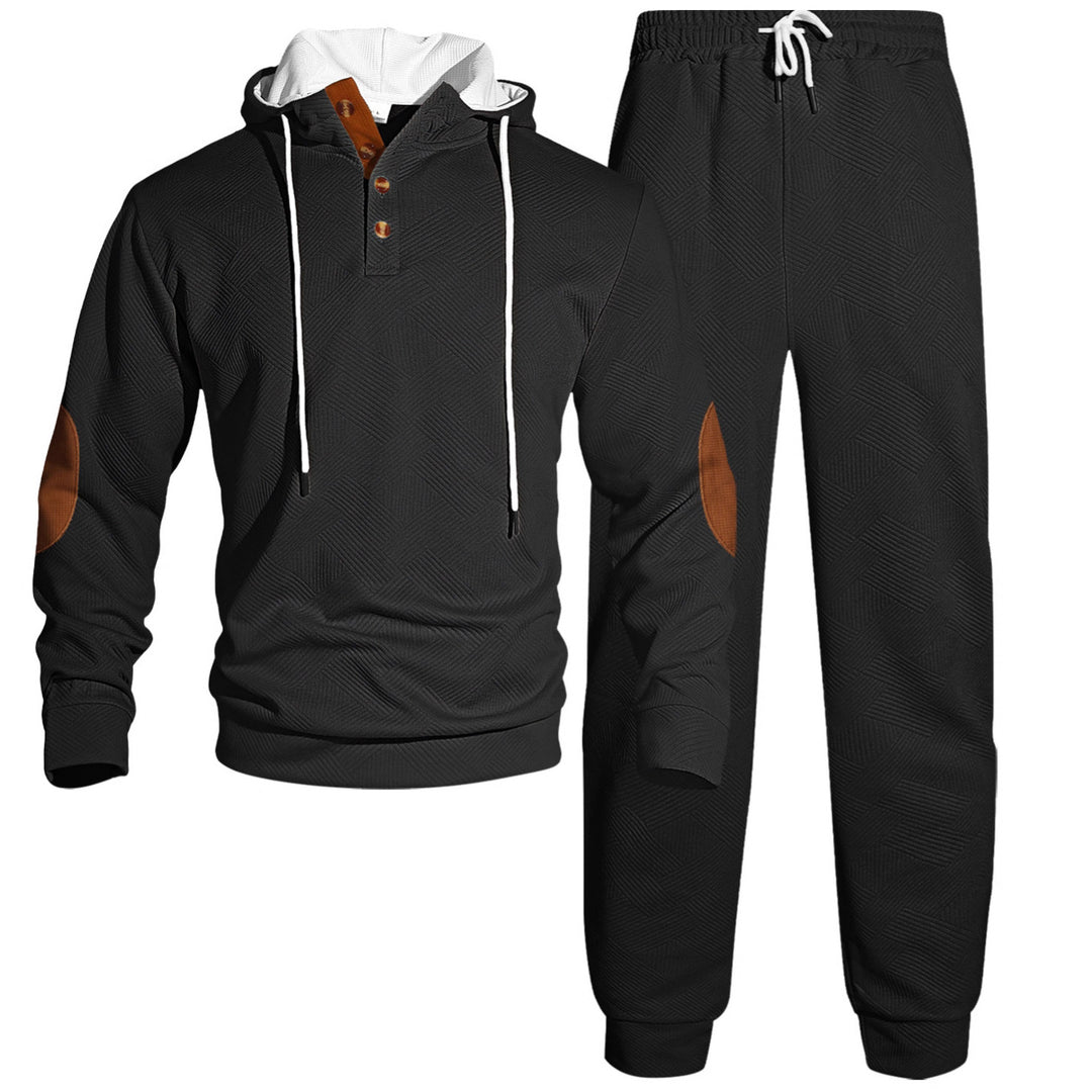 Herrer nan vaffelstruktur Henley-hoodie sæt med træknap liste albue-patch og konisk joggingbukser Skovae