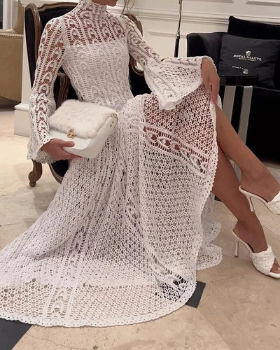 Kvinder Elegant Blonde Maxi Kjole med Høj Krave og Gennemsigtige Ærmer Skovae