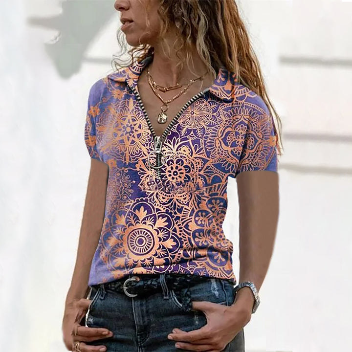Dame Polo-shirt med florale mønster og figursyet snit Stilla
