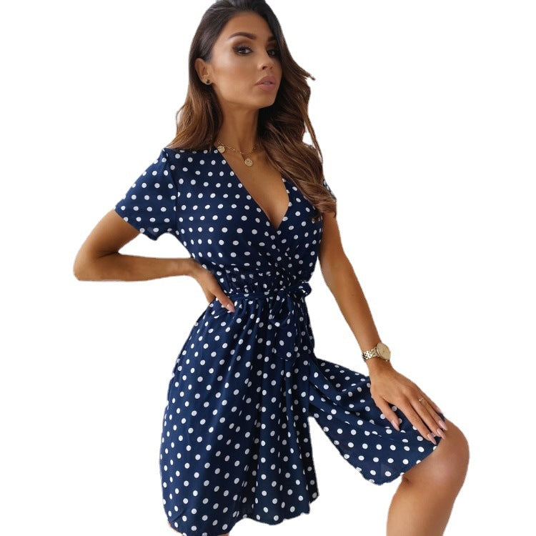 Dame Polka Dot A-linje Mini Kjole med Bindebælte Stilla