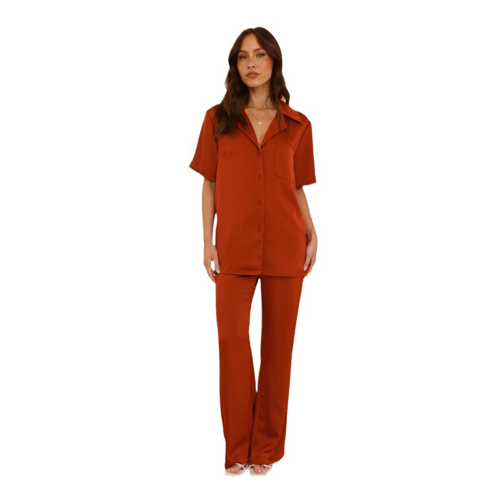 Dame Satin Pyjamas Sæt med Elegant Kortærmet Bluse og Løse Bukser Stilla