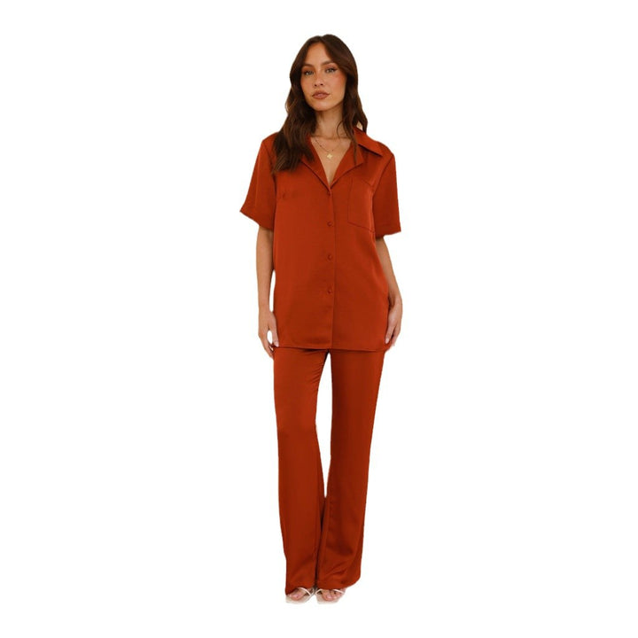 Dame Satin Pyjamas Sæt med Elegant Kortærmet Bluse og Løse Bukser Stilla