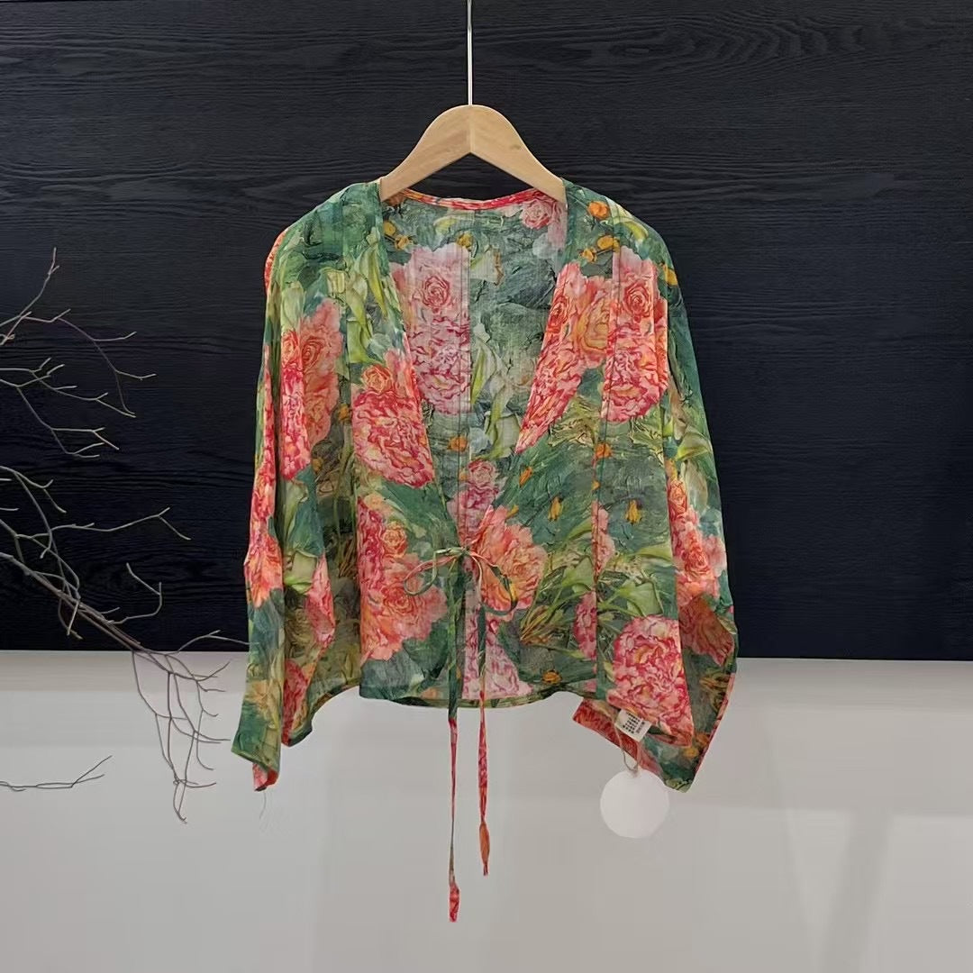 Femme Åben Front Blomster Mønster Kimono Jakke Stilla