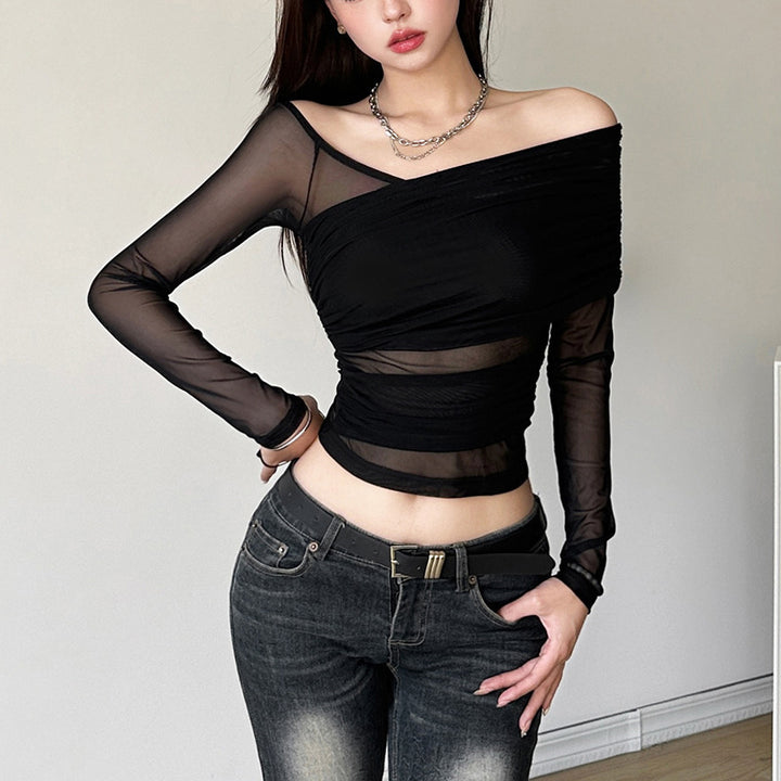 Dame Elegant Transparent Top med asymmetrisk snit og lange ærmer Stilla
