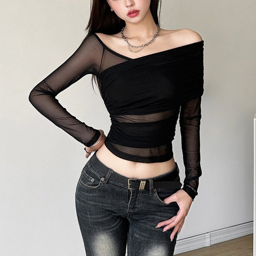 Dame Elegant Transparent Top med asymmetrisk snit og lange ærmer Stilla