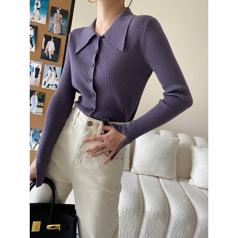 Damer Elegant Strik Top med Stor Krave Stilla