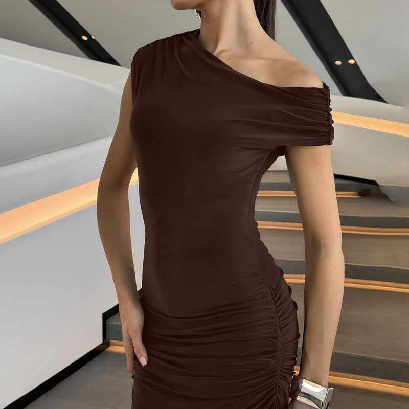 Dame Elegant Maxikjole med asymmetrisk udskæring og rynker Skovae